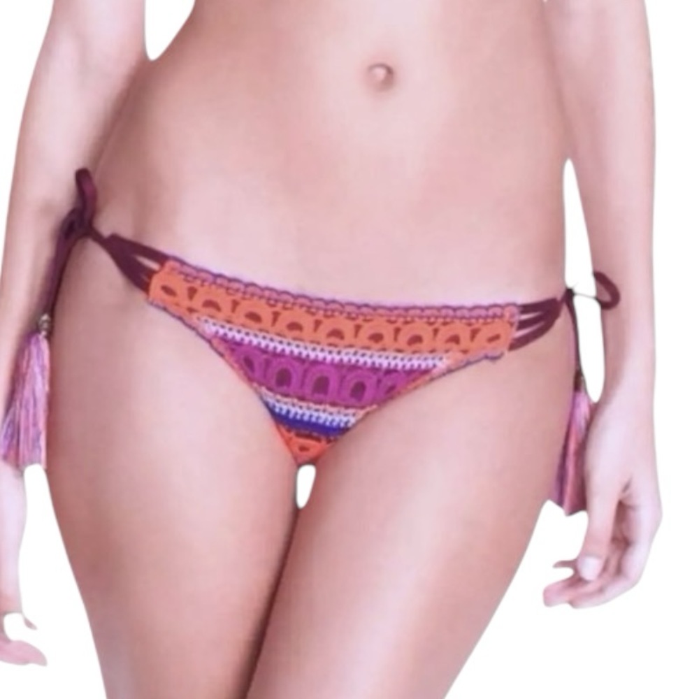 $108 Ale Alessandra Crochet Bikini Bottom Large 10 12 Burgandy Tassels Swim NWT